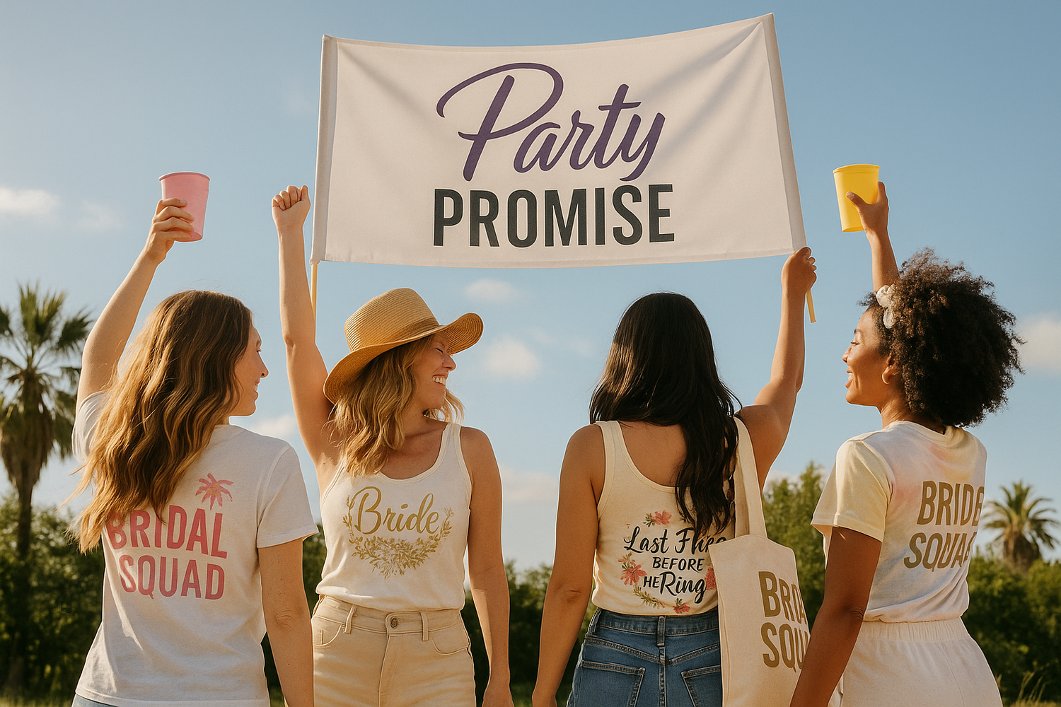 A group of women celebrating outdoors with lively movement and soft natural lighting, representing the joyful and inclusive spirit of Party Promise. The scene shows diverse silhouettes enjoying the moment, with the Party Promise logo integrated into the décor.