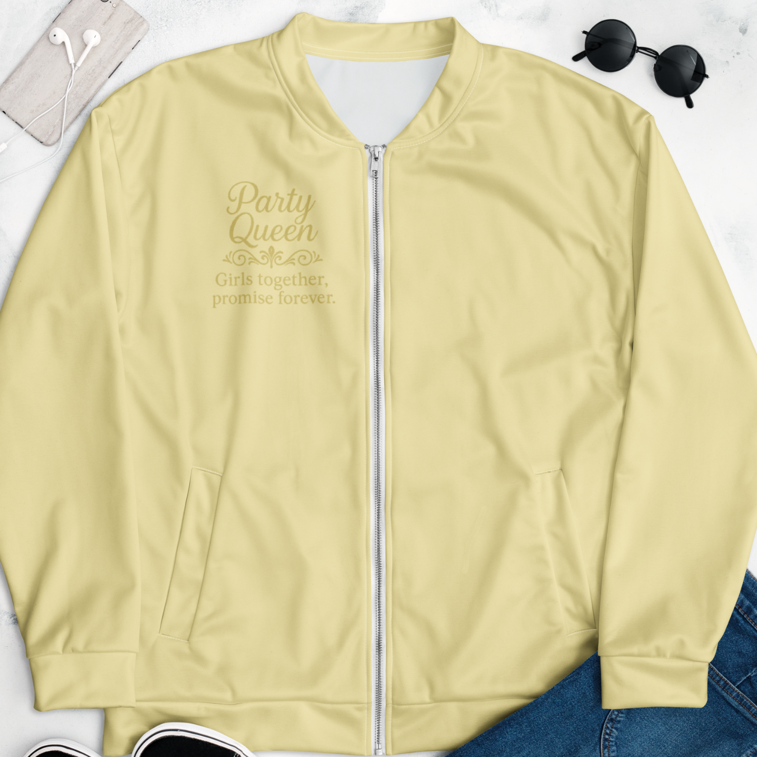 Front and back product view of Party Queen zip up jacket with gold script message for girls together promise forever, perfect for wedding party weekend yellow.