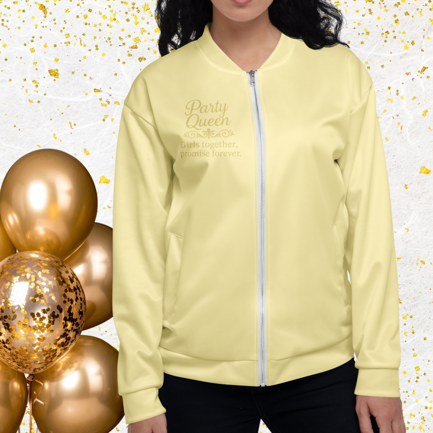 Woman wearing a Party Queen lightweight zip jacket with elegant gold script design, ideal for bachelorette party, bridal weekend and wedding crew outfit yellow.