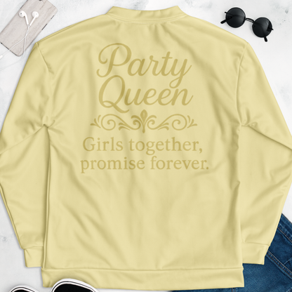 Front flat lay view of Party Queen zip jacket featuring gold typography design for girls trip, bridal squad and bachelorette celebration yellow.