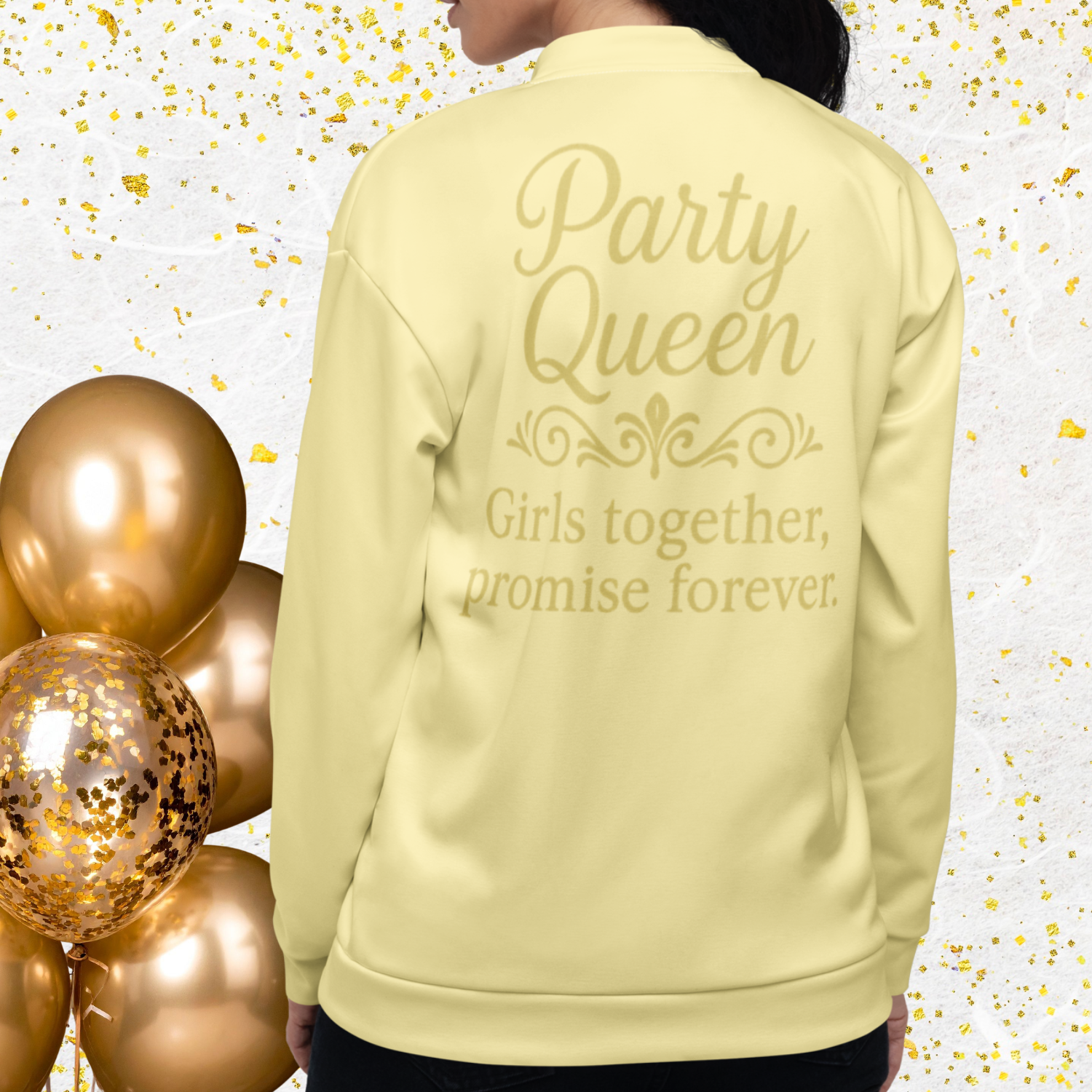Back view of a woman wearing a Party Queen zip up jacket with gold lettering saying Girls together promise forever, perfect for bachelorette party and bridal squad celebration yellow.