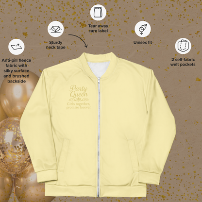 Close product display of Party Queen bridal party zip jacket with gold lettering, stylish outerwear for bachelorette event and girls celebration yellow.