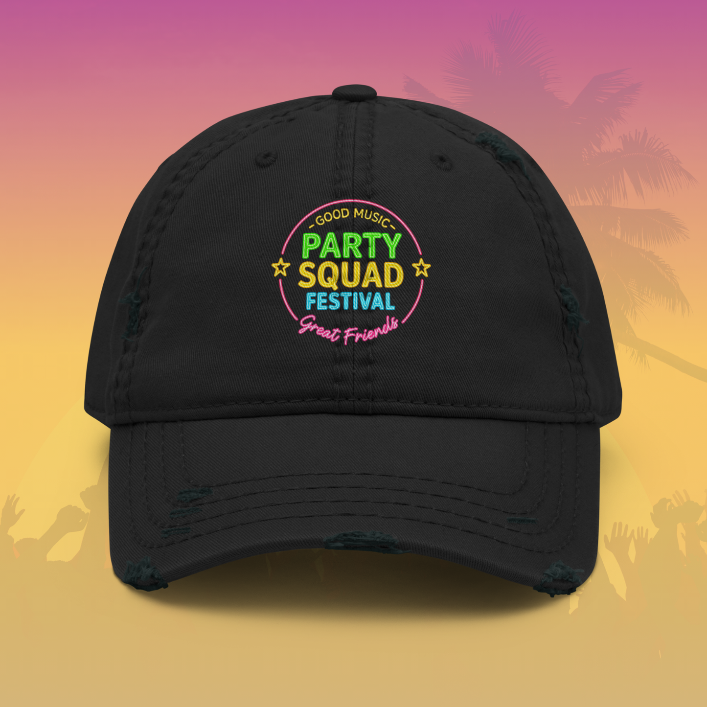 Black distressed baseball cap with neon Party Squad Festival Good Music Great Friends design ideal for bachelorette party festival weekend and girls trip Black