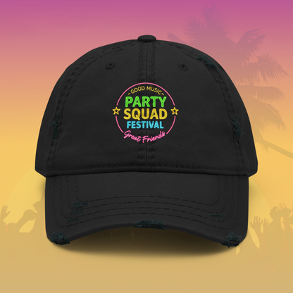 Black distressed baseball cap with neon Party Squad Festival Good Music Great Friends design ideal for bachelorette party festival weekend and girls trip Black
