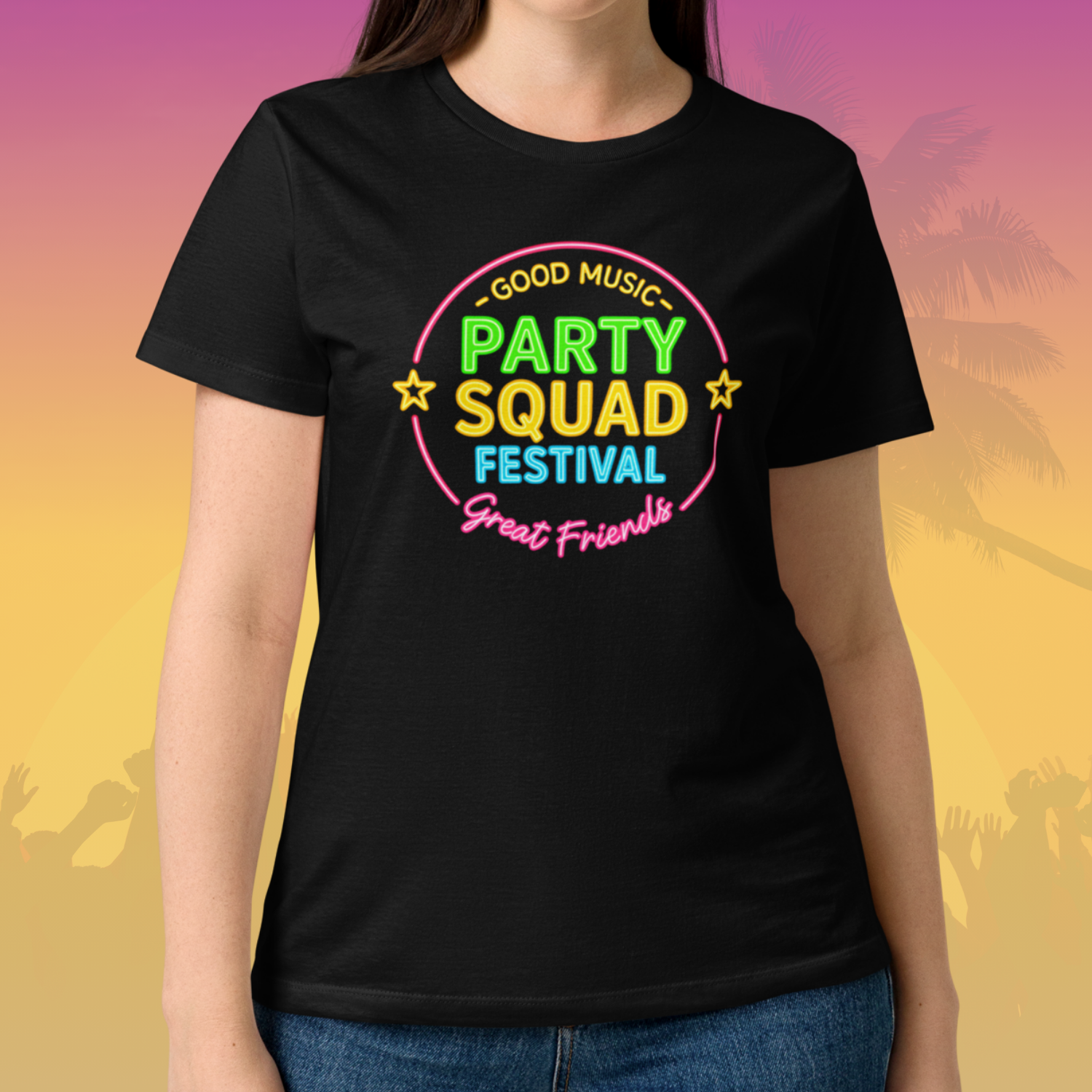Black t shirt with colorful neon Party Squad Festival Good Music Great Friends design perfect for summer music festival girls trip and bachelorette party Black