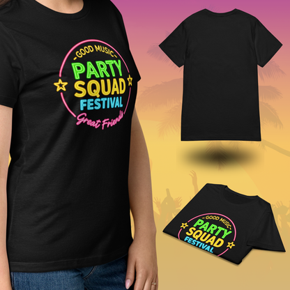 Black Party Squad Festival t shirt featuring colorful neon Good Music Great Friends design shown front and back perfect for summer music festival and matching girls trip outfits Black