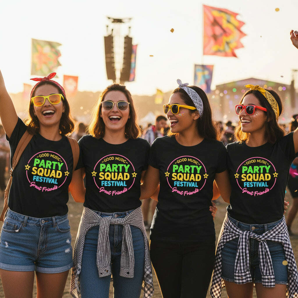 Group of women wearing matching black Party Squad Festival t shirts with neon Good Music Great Friends design at outdoor summer music festival Black