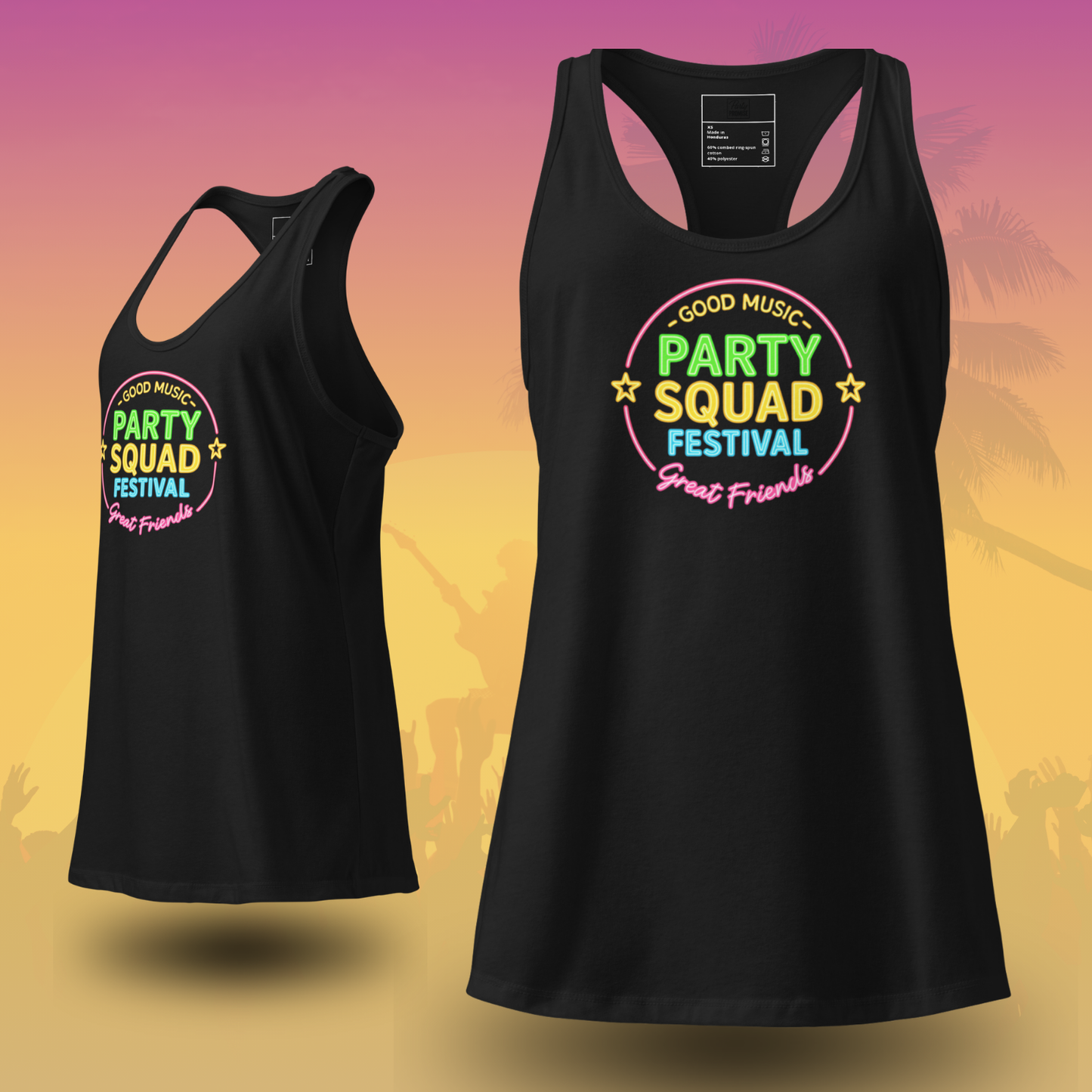 Black Party Squad Festival tank top with colorful neon Good Music Great Friends logo perfect for matching squad outfits and bachelorette celebrations Black