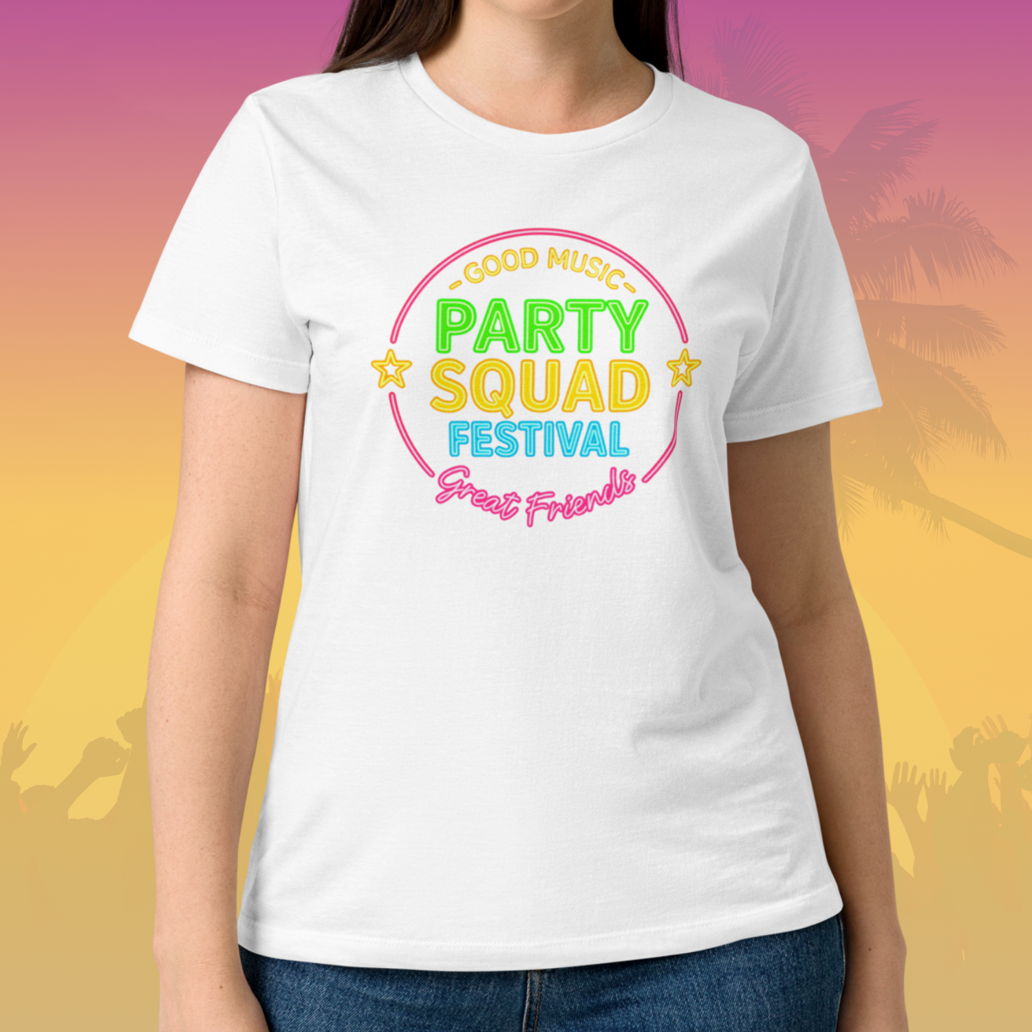 White t shirt with colorful neon Party Squad Festival Good Music Great Friends design perfect for summer music festival girls trip and bachelorette party White