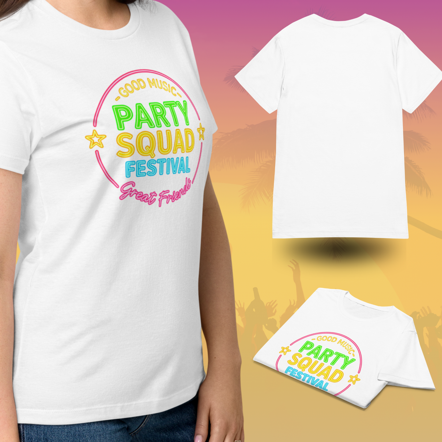 White Party Squad Festival t shirt featuring colorful neon Good Music Great Friends design shown front and back perfect for summer music festival and matching girls trip outfits White