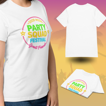 White Party Squad Festival t shirt featuring colorful neon Good Music Great Friends design shown front and back perfect for summer music festival and matching girls trip outfits White