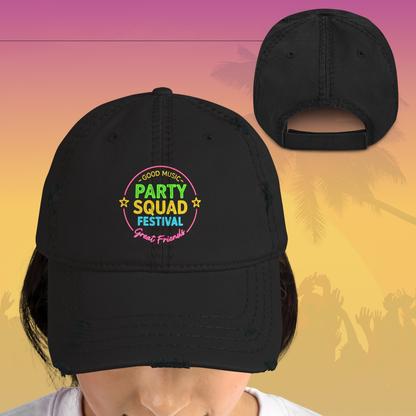 Front and back view of black Party Squad Festival cap with colorful neon typography perfect for team bride hen party and wedding weekend outfit Black