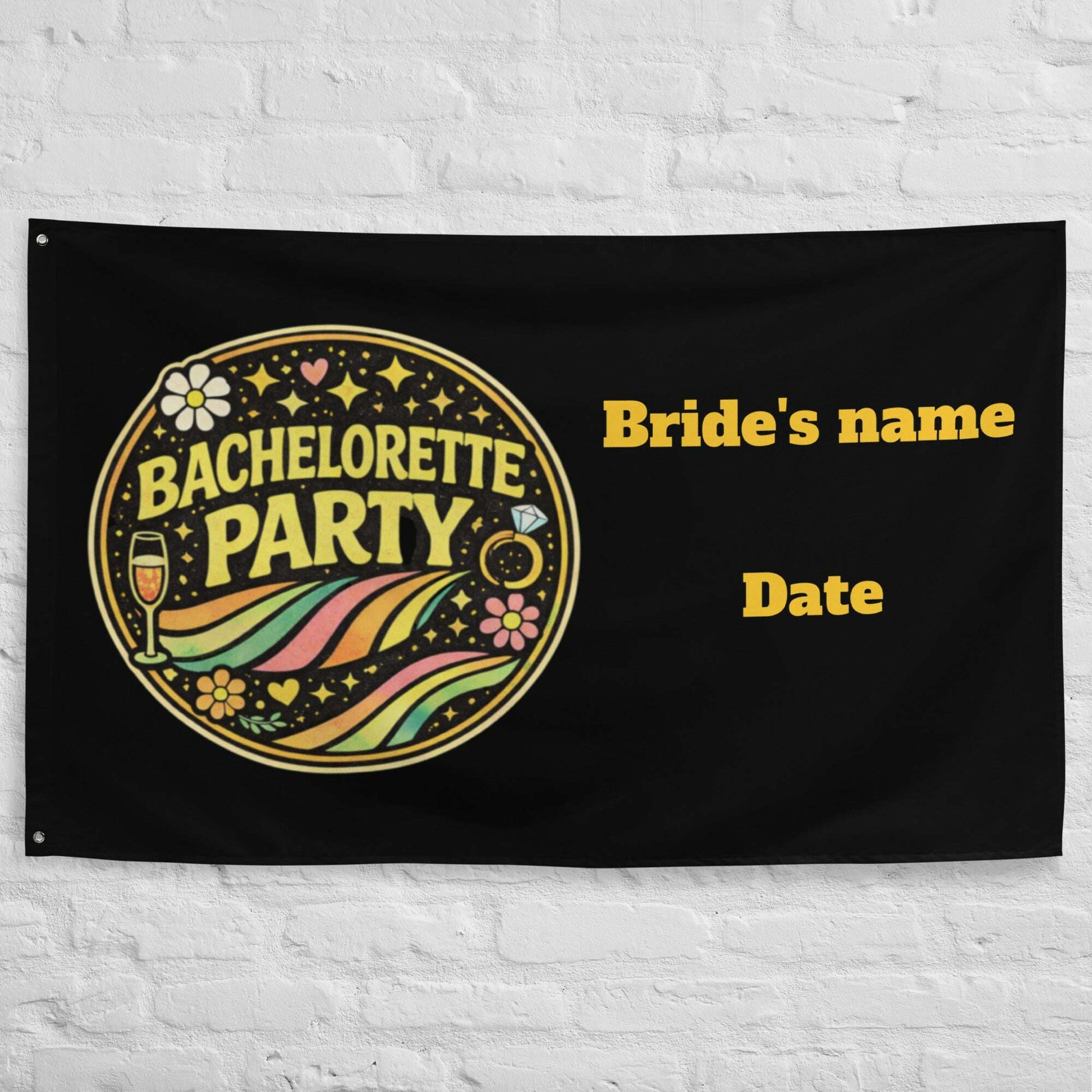 Custom bachelorette party wall flag with bride’s name and event date, retro style personalized hen party banner decoration displayed on white brick wall black