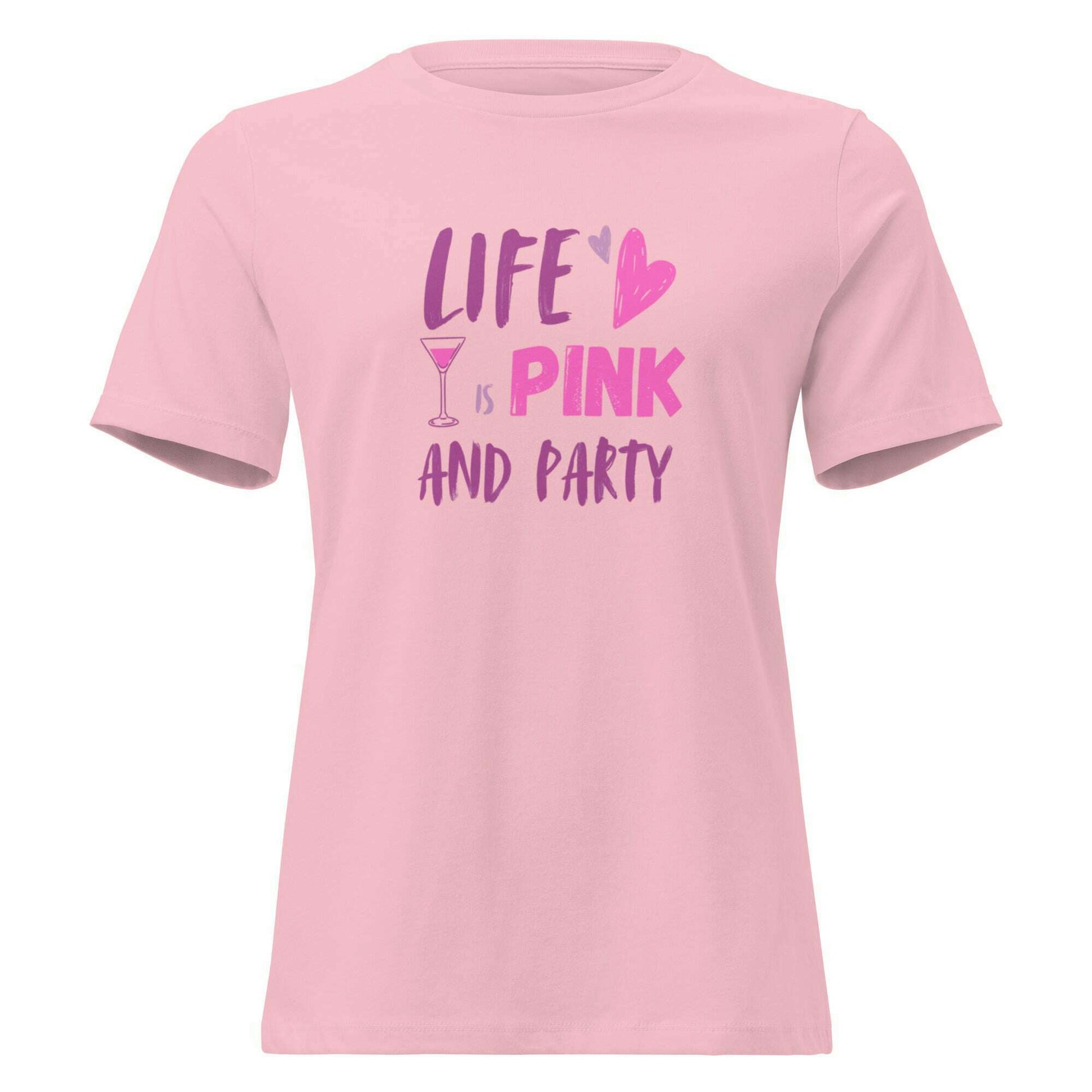 t-shirt-“life-is-pink-party”-–-blanc-rose-–-coupe-décontractée-slogan-roseviolett-shirt-femmeparty-promise-35032465