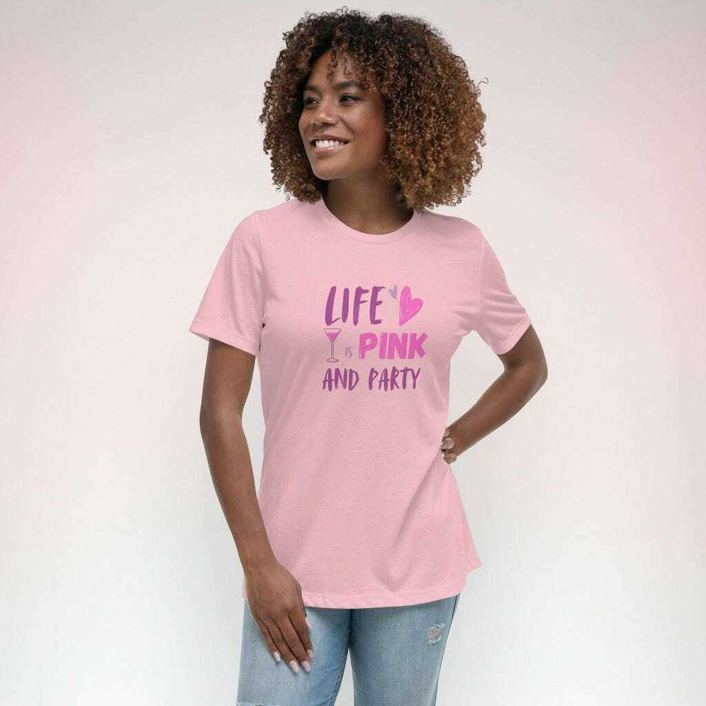 t-shirt-“life-is-pink-party”-–-blanc-rose-–-coupe-décontractée-slogan-roseviolett-shirt-femmeparty-promise-35032464