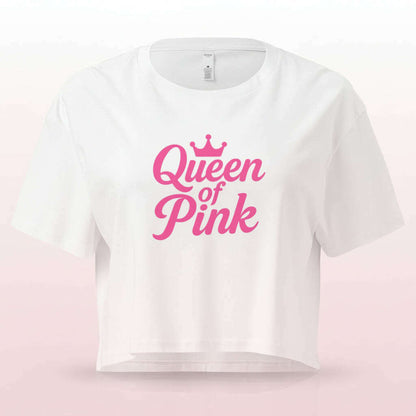 White women’s crop top with pink “Queen of Pink” crown graphic, trendy outfit for girls night, pink themed party or bachelorette celebration.