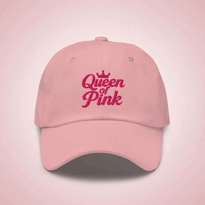 Pink baseball cap with “Queen of Pink” embroidered design, trendy accessory for girls night, bachelorette party or pink themed celebration.
