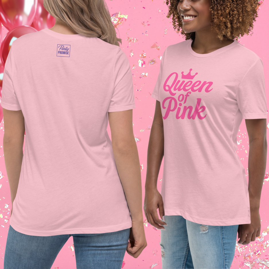 Women wearing pink “Queen of Pink” graphic t-shirts, fun matching outfits for girls night, bridal squad or pink themed party.