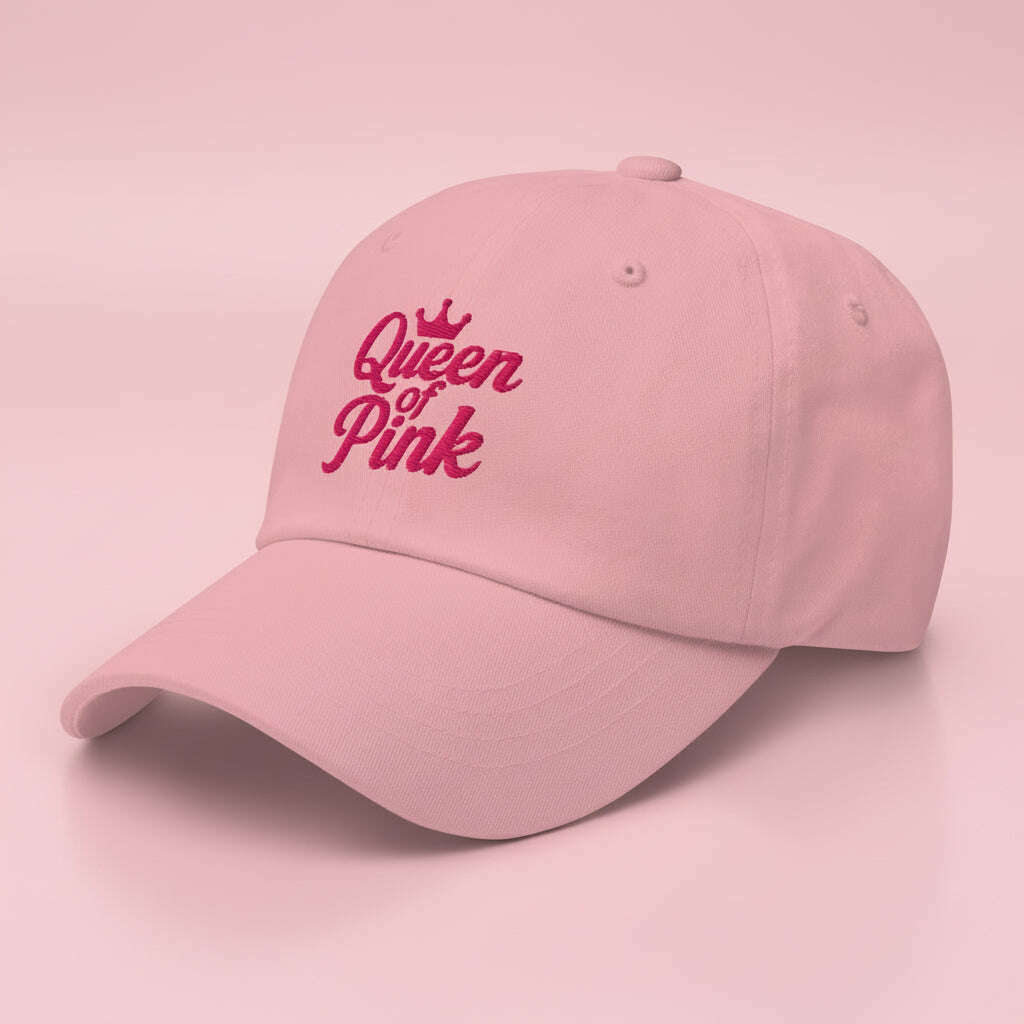 Pink women’s cap featuring “Queen of Pink” embroidery, fashionable accessory for pink party outfit, girls weekend or summer festival.