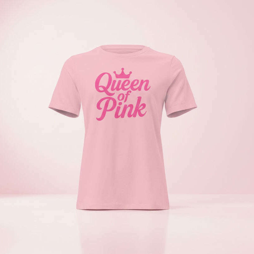 Pink women’s t-shirt with “Queen of Pink” crown graphic, trendy outfit for bachelorette party, girls weekend or pink themed celebration.