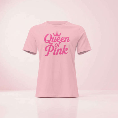 Pink women’s t-shirt with “Queen of Pink” crown graphic, trendy outfit for bachelorette party, girls weekend or pink themed celebration.