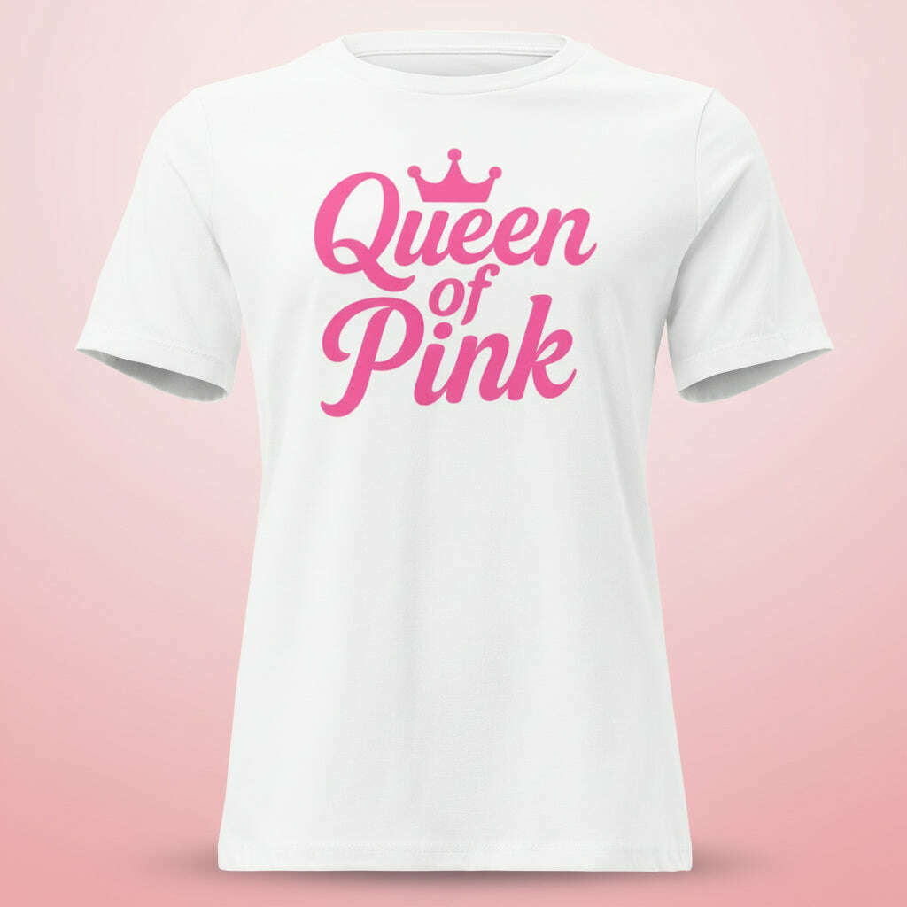 White women’s t-shirt with pink “Queen of Pink” crown graphic, stylish outfit for pink themed party, girls night, bachelorette celebration or fun summer event.