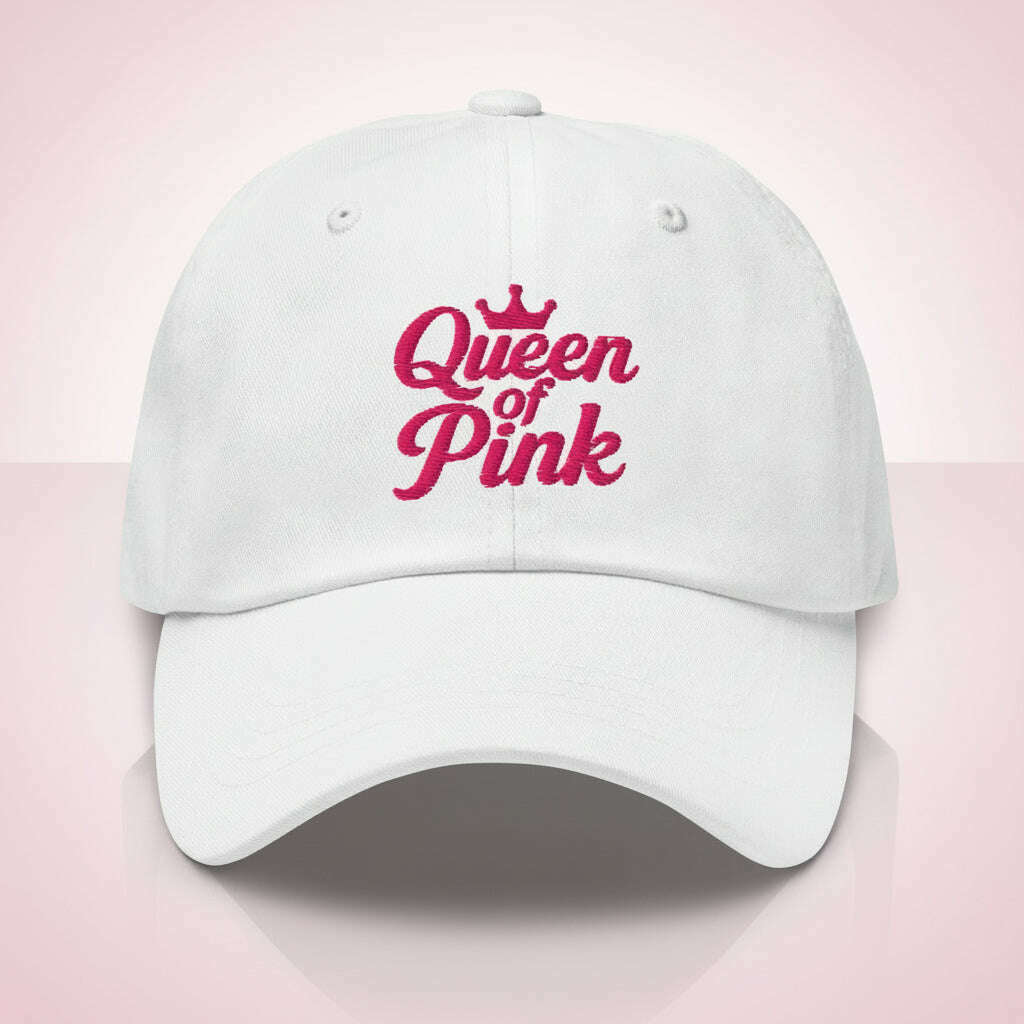 White baseball cap with pink “Queen of Pink” embroidery, perfect accessory for bachelorette party, girls squad outfit or pink themed event.