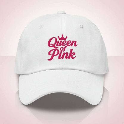 White baseball cap with pink “Queen of Pink” embroidery, perfect accessory for bachelorette party, girls squad outfit or pink themed event.