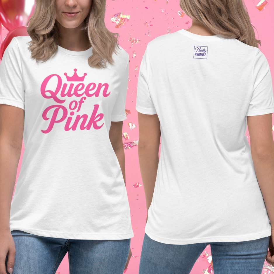 White women’s t-shirt showing front and back view with pink “Queen of Pink” crown design, perfect for girls trip, pink party outfit or bachelorette celebration.