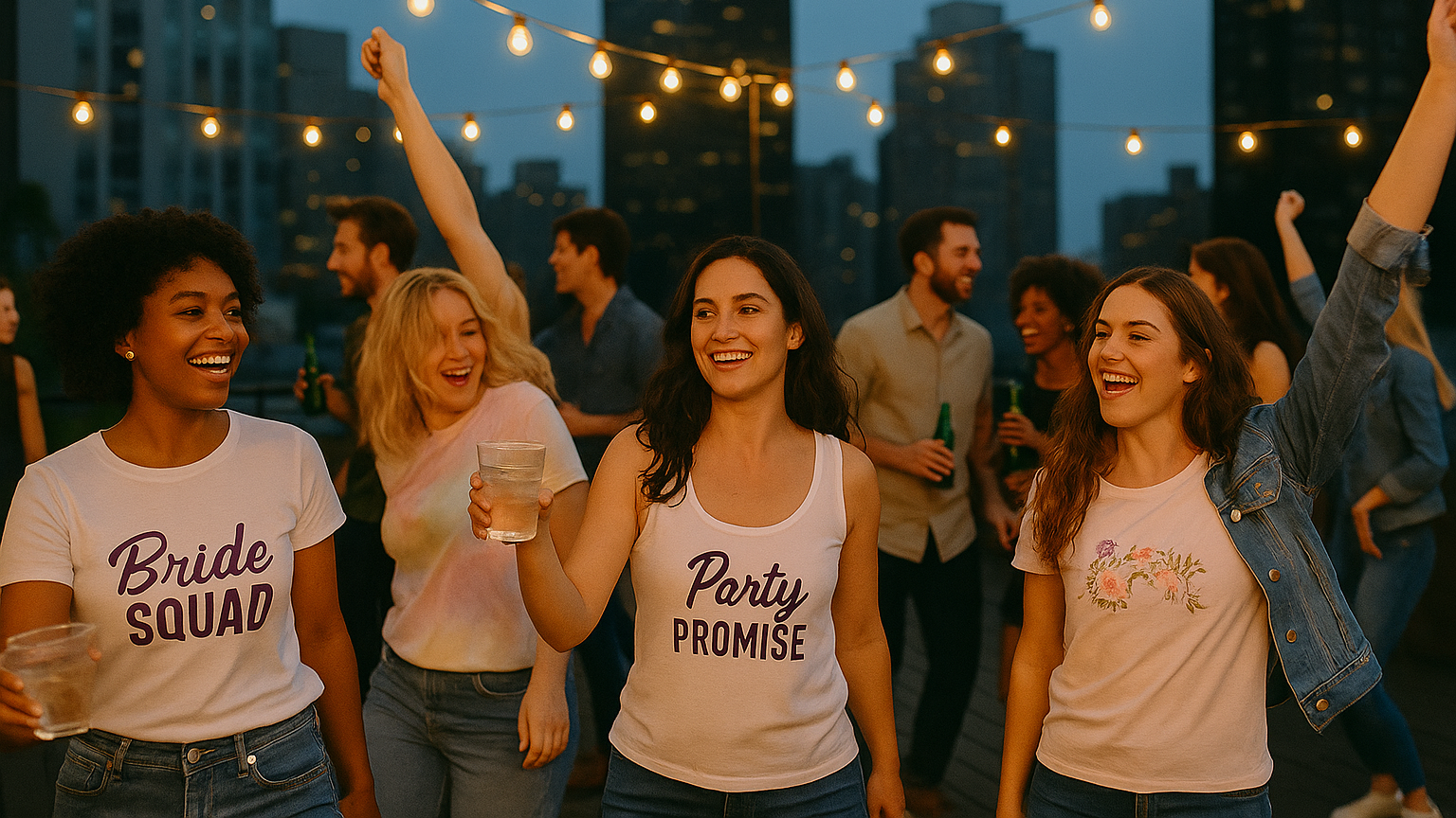 A group of women enjoying a rooftop party at sunset, wearing coordinated “Bride Squad” and “Party Promise” outfits, surrounded by warm string lights and a lively crowd in the background.