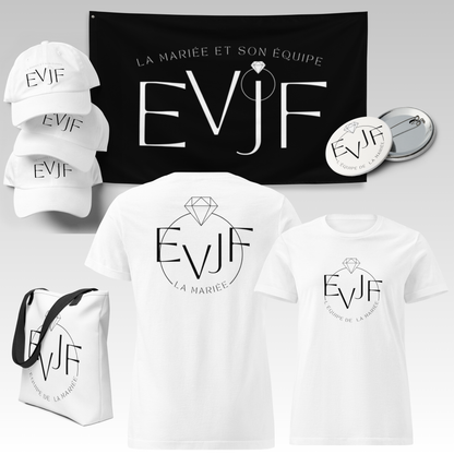 Sac tote bag EVJF présenté avec accessoires équipe de la mariée pour décoration et organisation EVJF