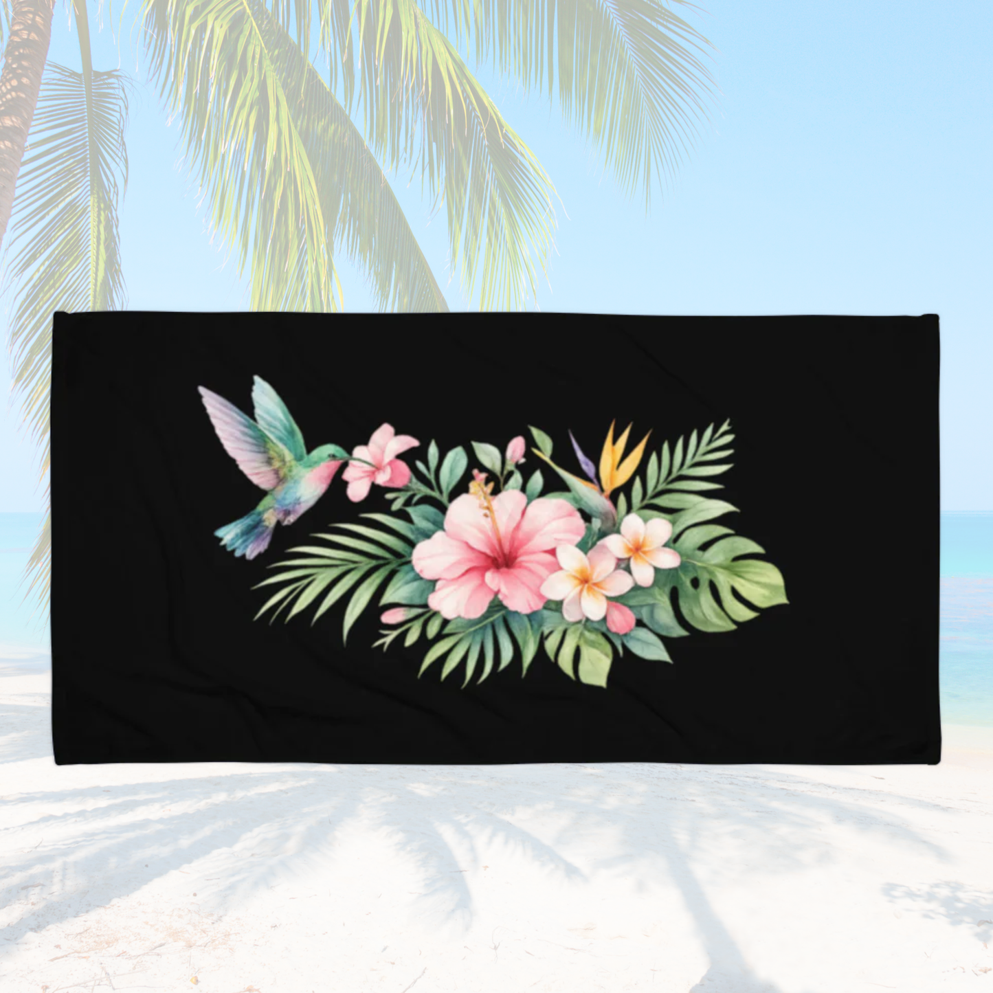 Serviette plage EVJF noire avec design floral tropical et colibri pour mariée et demoiselles d’honneur.