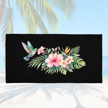 Serviette plage EVJF noire avec design floral tropical et colibri pour mariée et demoiselles d’honneur.
