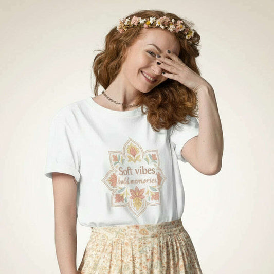 Woman wearing white boho t-shirt with pastel mandala design and “Soft Vibes Bold Memories” slogan, perfect for bachelorette party, bridal weekend or summer celebration.