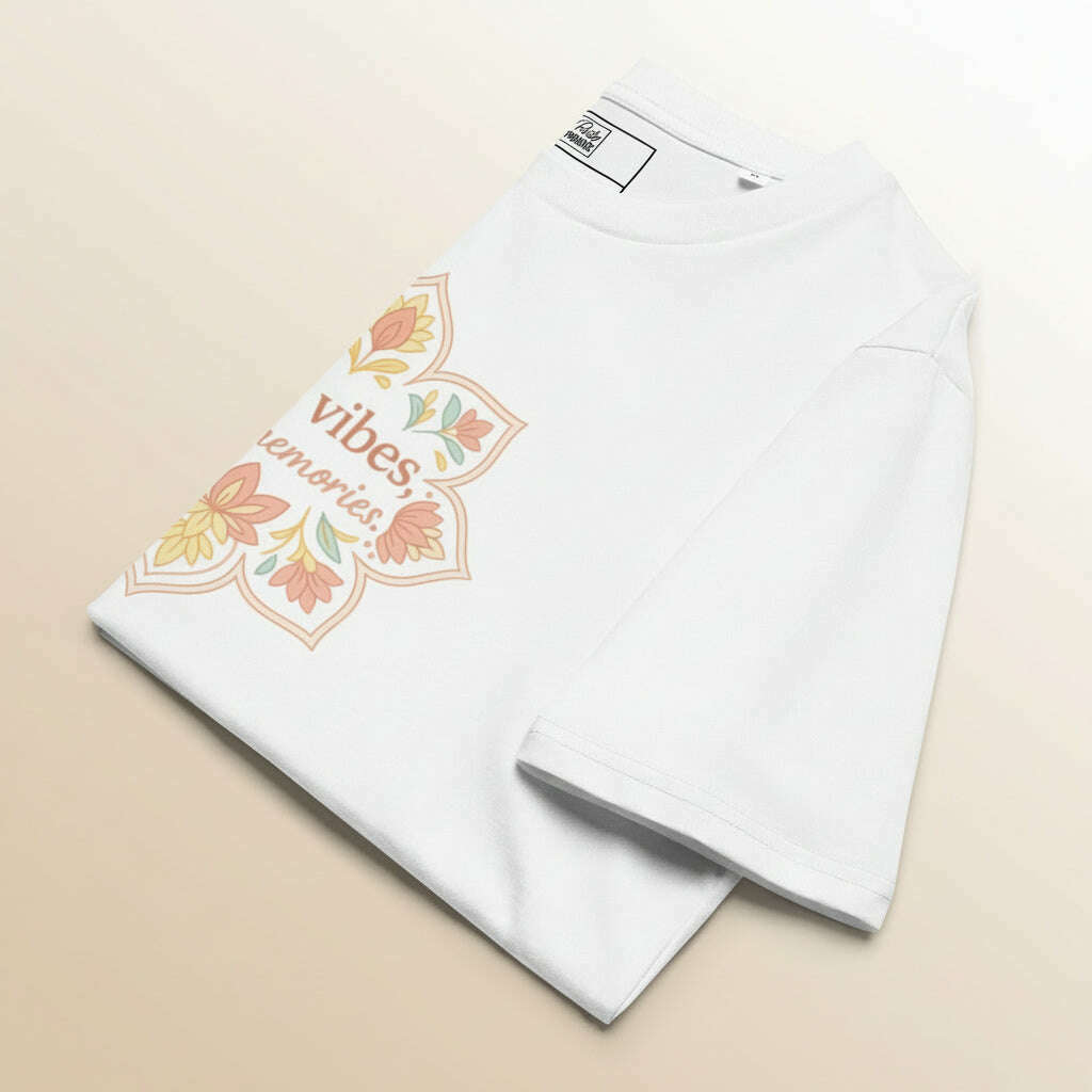 Folded white boho graphic t-shirt with pastel mandala design and “Soft Vibes Bold Memories” slogan, perfect for bohemian bridal party or girls trip outfit.