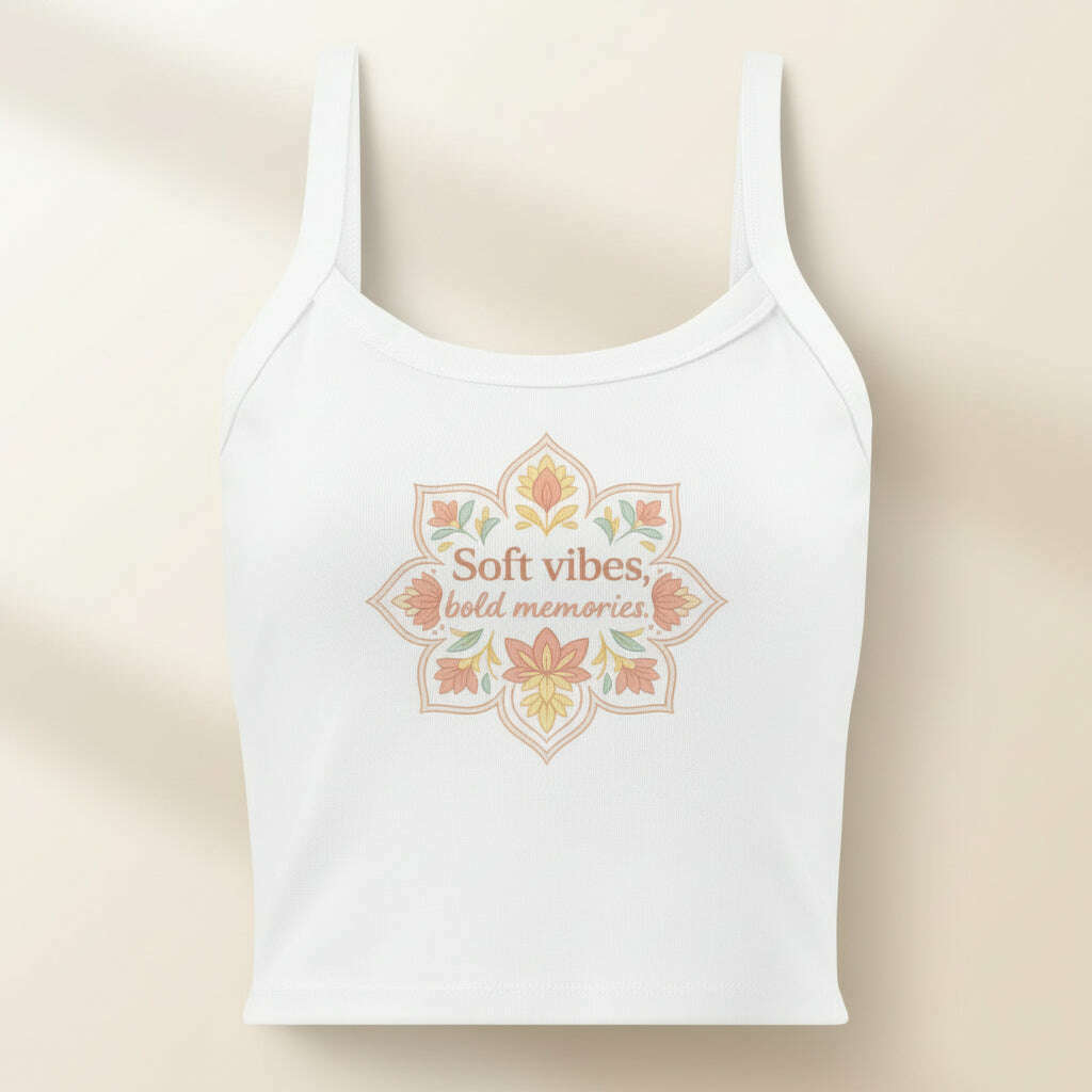 White women’s crop top with pastel mandala design and “Soft Vibes Bold Memories” slogan, boho outfit perfect for bachelorette party, bridal weekend or summer celebration.