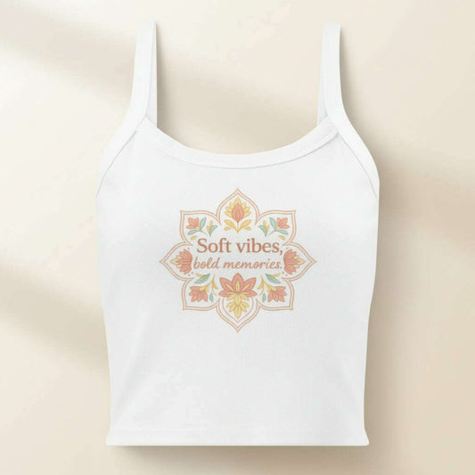 White women’s crop top with pastel mandala design and “Soft Vibes Bold Memories” slogan, boho outfit perfect for bachelorette party, bridal weekend or summer celebration.