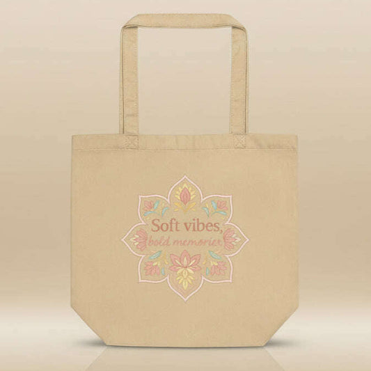 Natural cotton tote bag with pastel mandala design and “Soft Vibes Bold Memories” slogan, perfect accessory for bachelorette party, girls trip or boho celebration.