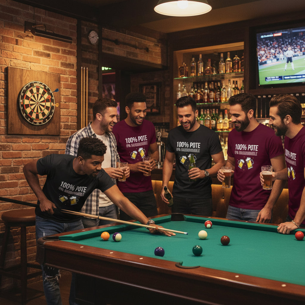 Groupe d’amis jouant au billard dans un bar, portant des t-shirts humour 100 % Pote, ambiance festive et conviviale.