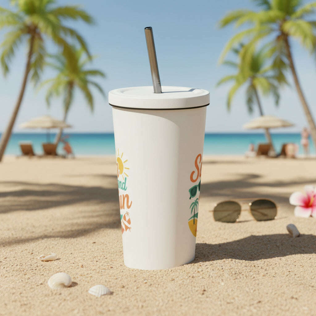 Sun and Fun white tumbler with lid and straw standing on sandy beach with palm trees ideal for tropical vacation pool party and summer travel White