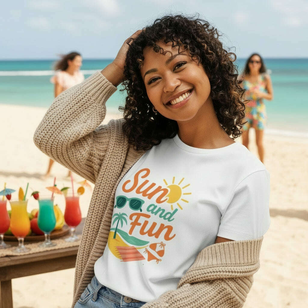 Smiling woman wearing white Sun and Fun t shirt styled with straw hat at tropical beach perfect for sunny vacation and warm weather outfit White