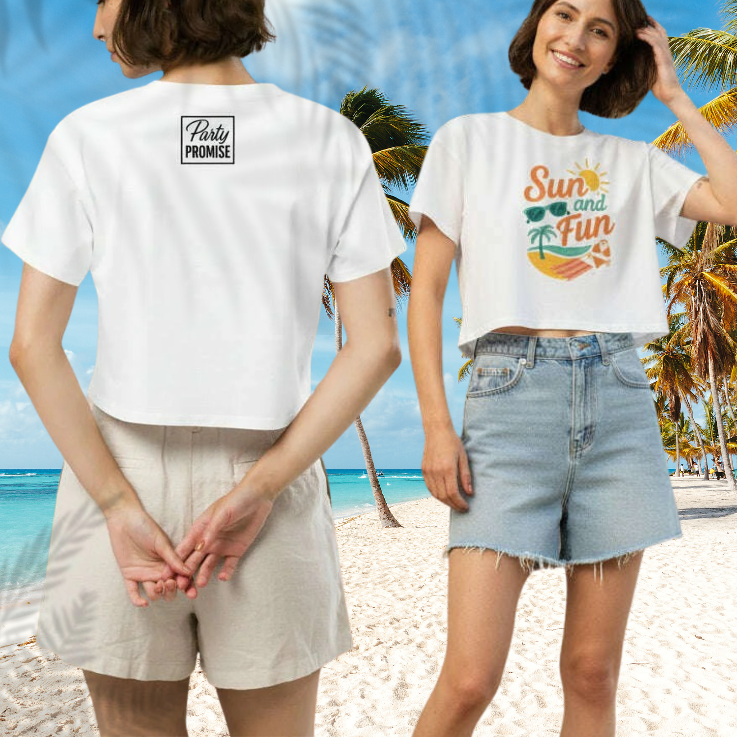 Back view of white Sunny Girls Trip t shirt worn on tropical beach during summer girls trip White