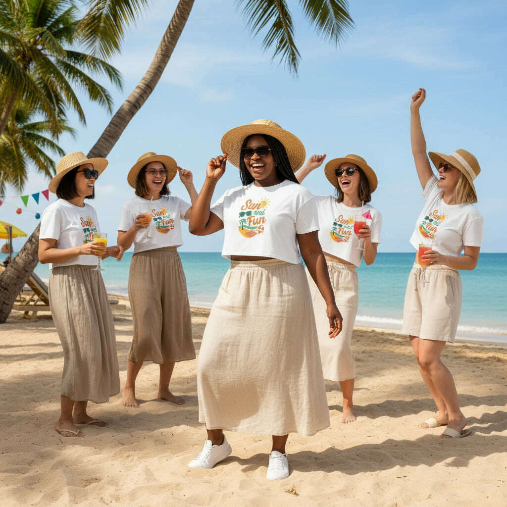 Women walking on beach wearing matching Sunny Girls Trip white t shirts perfect for destination vacation and friends getaway White