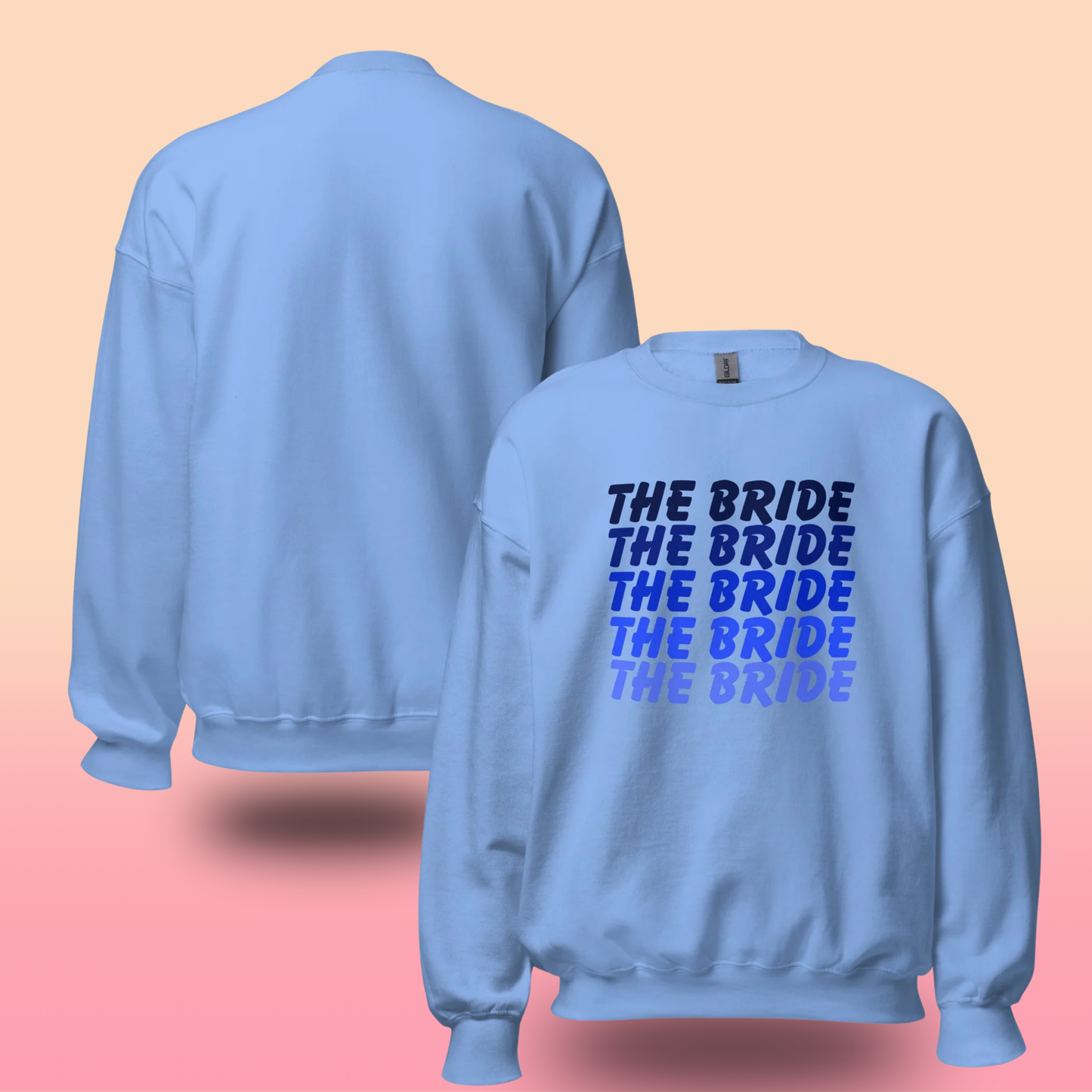 Sweat The Bride EVJF tons bleus pour future mariée porté ou présenté à plat, pull confortable parfait pour enterrement de vie de jeune fille et look coordonné mariage.