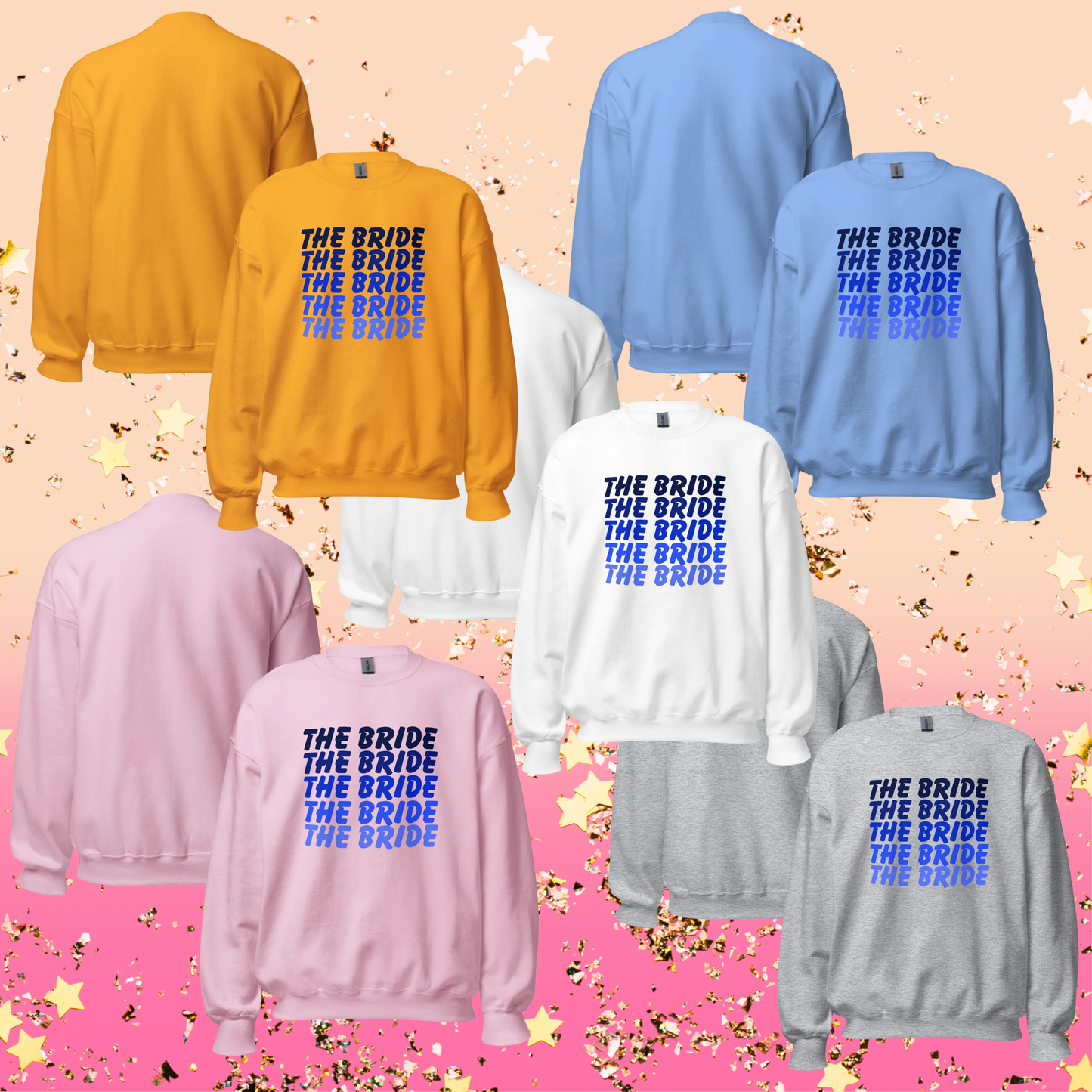 Sweat The Bride EVJF tons bleus pour future mariée porté ou présenté à plat, pull confortable parfait pour enterrement de vie de jeune fille et look coordonné mariage.