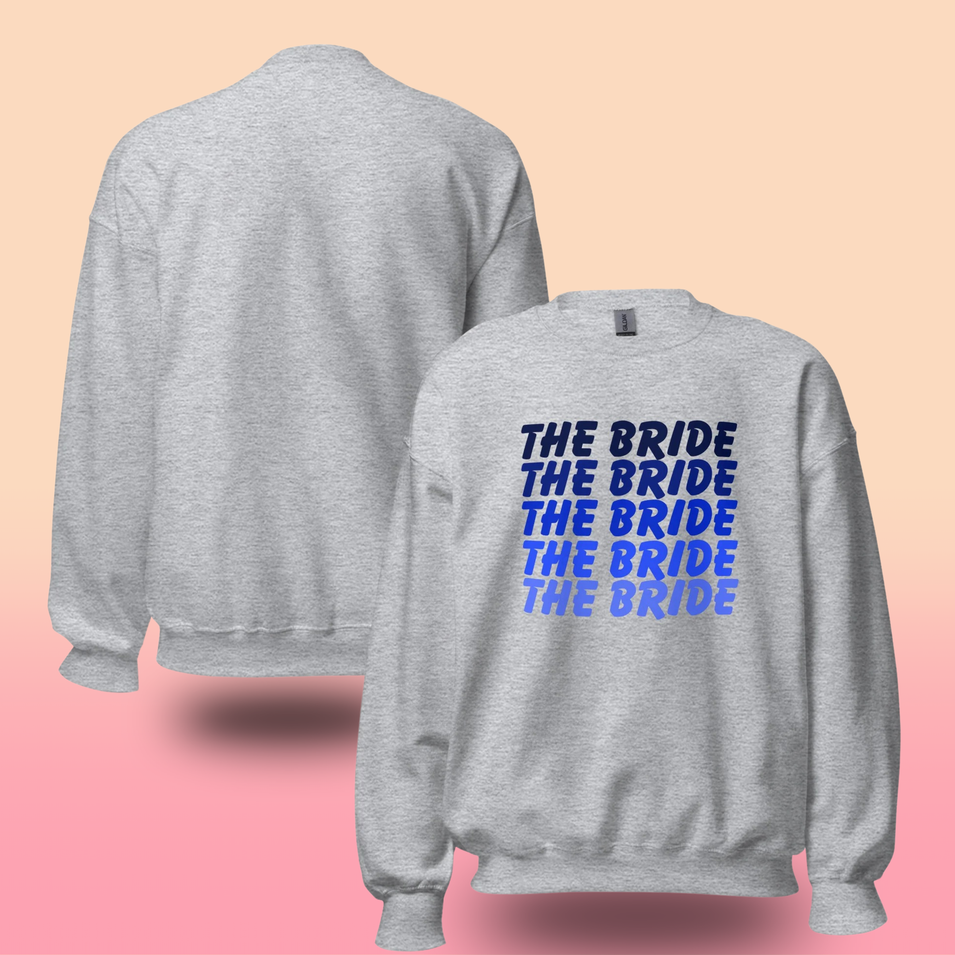 Sweat The Bride EVJF tons bleus pour future mariée porté ou présenté à plat, pull confortable parfait pour enterrement de vie de jeune fille et look coordonné mariage.