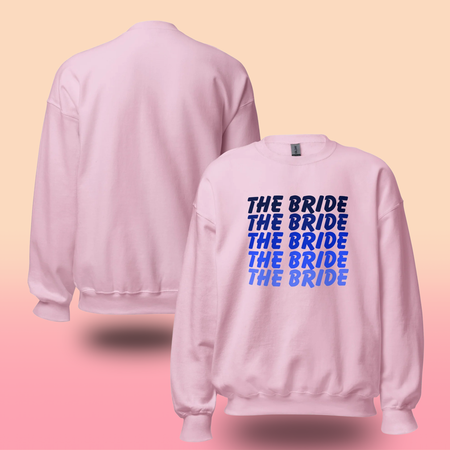 Sweat The Bride EVJF tons bleus pour future mariée porté ou présenté à plat, pull confortable parfait pour enterrement de vie de jeune fille et look coordonné mariage.