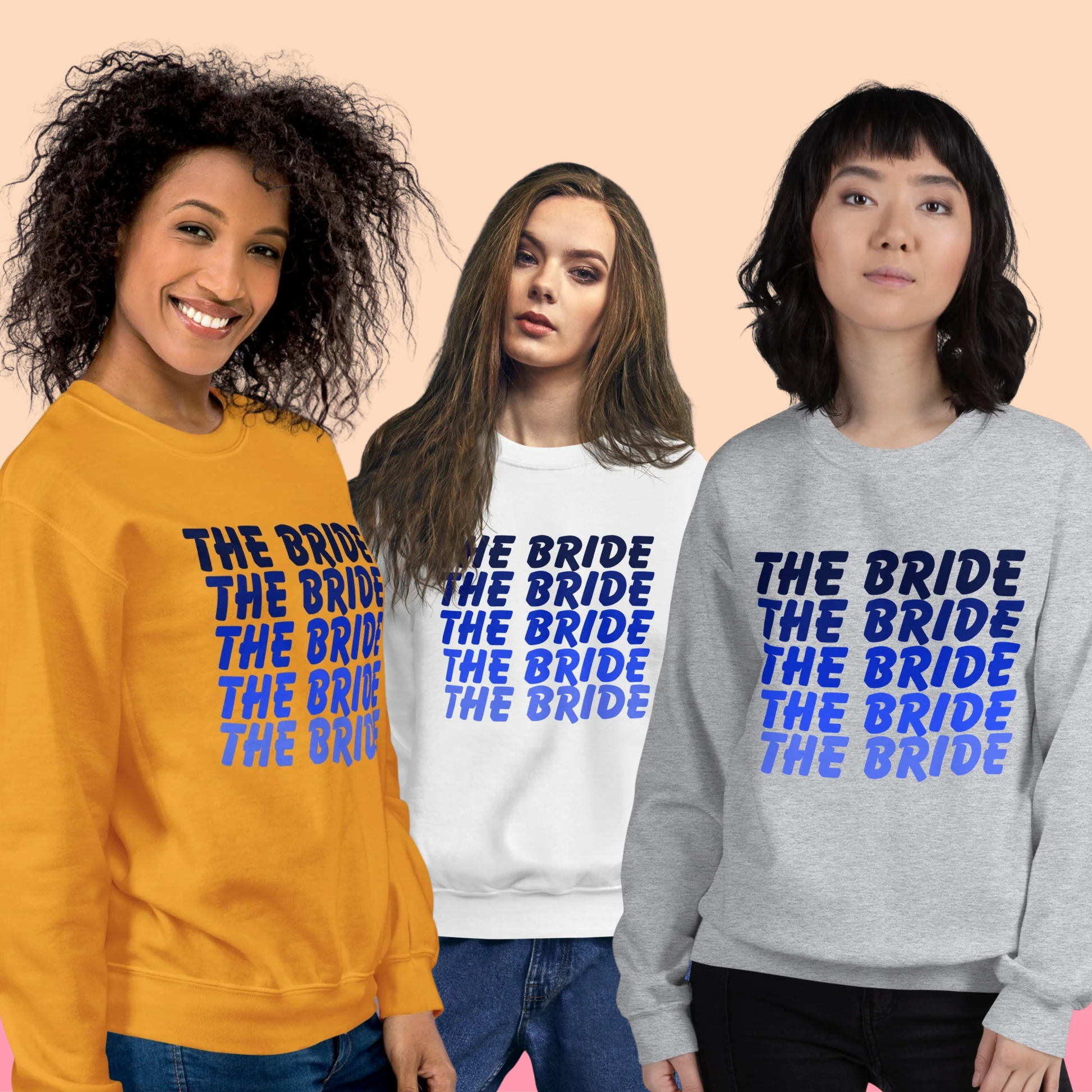 Sweat The Bride EVJF tons bleus pour future mariée porté ou présenté à plat, pull confortable parfait pour enterrement de vie de jeune fille et look coordonné mariage.