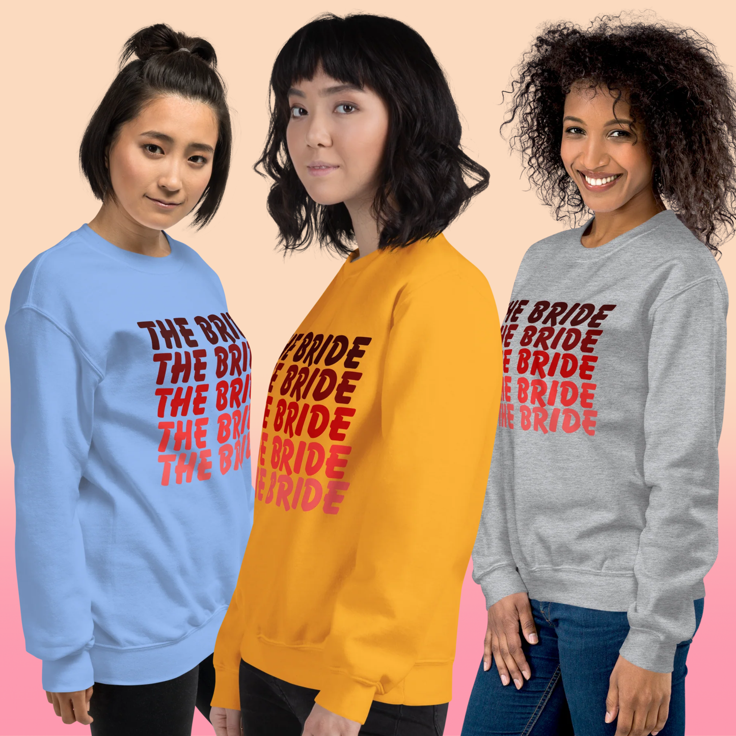 Sweat The Bride EVJF pour future mariée porté ou présenté à plat, pull confortable parfait pour enterrement de vie de jeune fille et look coordonné mariage.