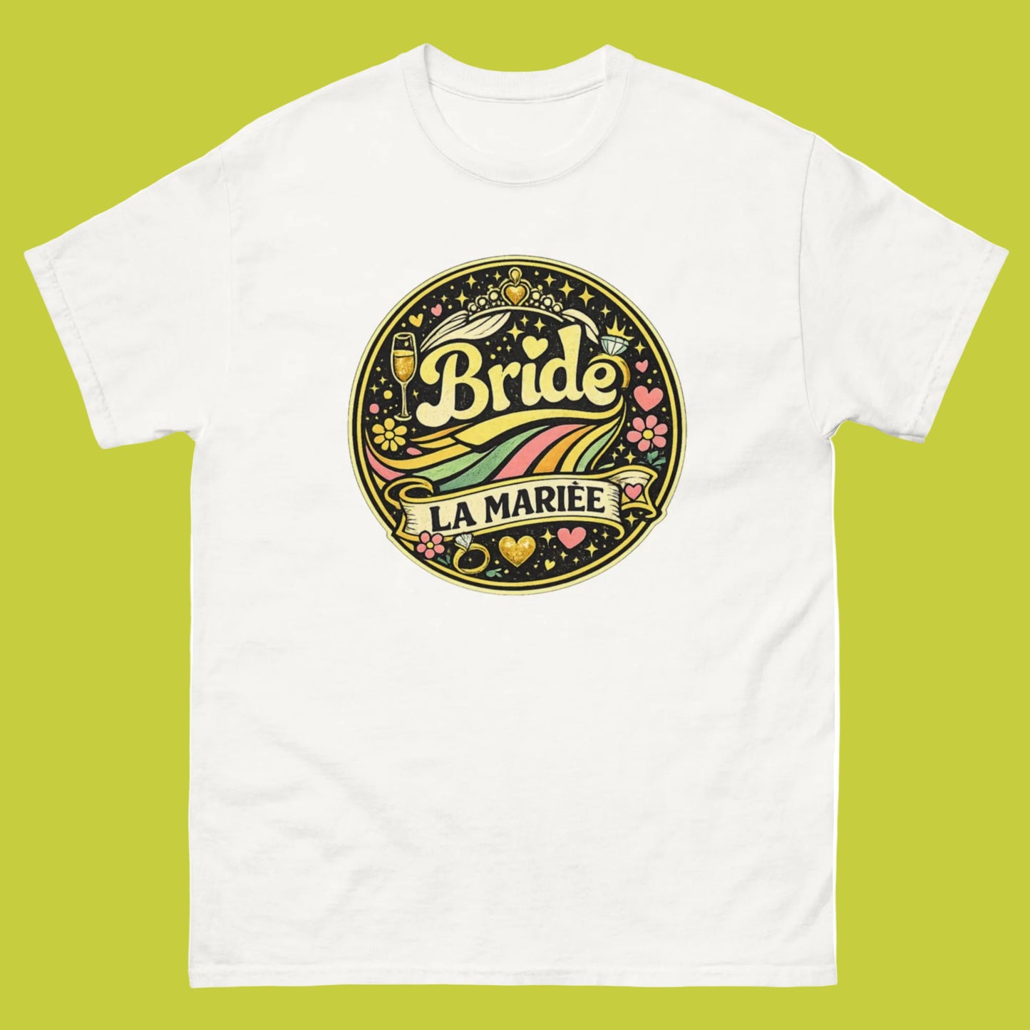 T-shirt blanc  Bride La Mariée collection festival avec design floral rond rétro à l’avant, coupe unisexe.